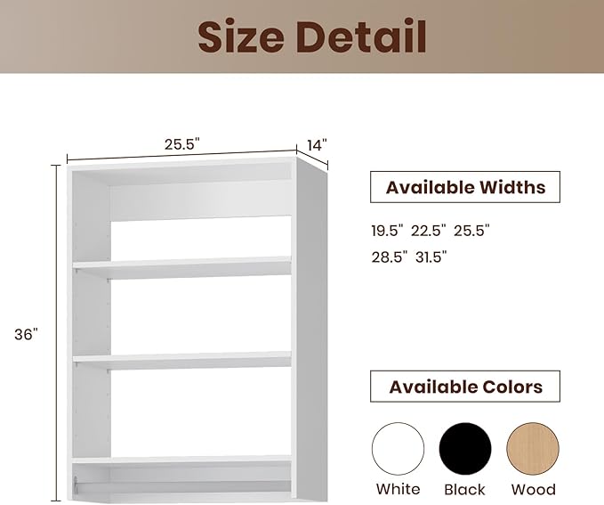 ROOMTEC 25.5" Medium Hanging Closet Unit, Modular Closet System with Hanging Rod, Wardrobe Organizer for Bedroom or Walk-in Closet, Wall Mounted, Customizable Clothes Storage Unit, White