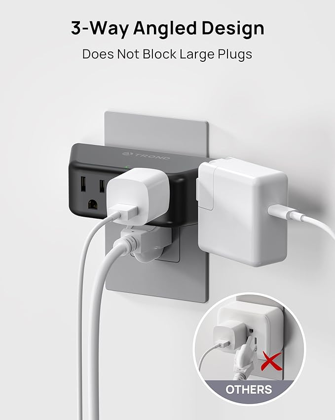 TROND Outlet Extender Surge Protector 2 Pack - Multi Plug Wall Outlet with 4 Grounded Sockets, Angled Wall Plug Splitter, 900J, Multiple Adapter for Home Office Travel Dorm Room, Black