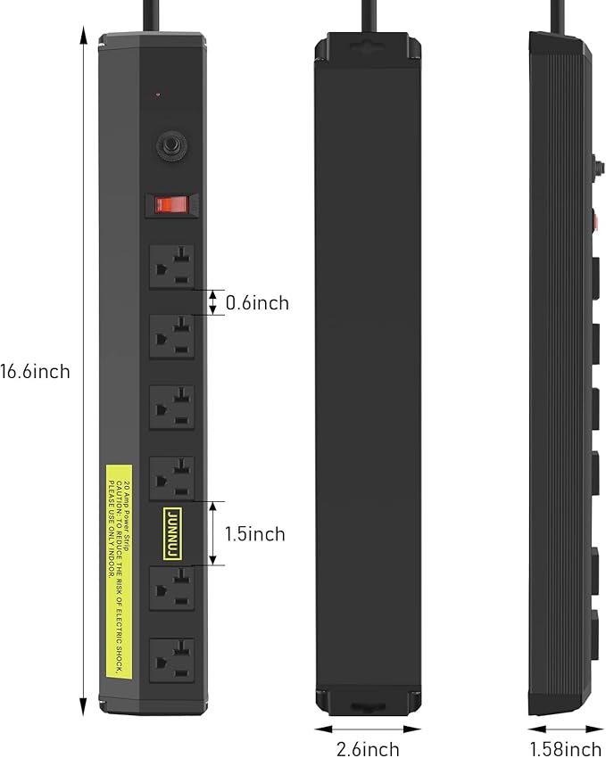 JUNNUJ Heavy Duty 20 Amp Power Strip 2 Pack,High Amp Surge Protector 6 Outlet,Power Strips Surge Protection 4800J with Circuit Breaker, 12 Gauge Extension Cord 4ft
