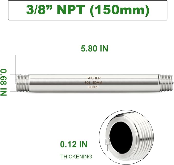 TAISHER 2PCS Stainless Steel Pipe Fittings, 3/8" NPT Male x 3/8" NPT Male Threaded, 6" Length Thickened Nipple Cast Pipe