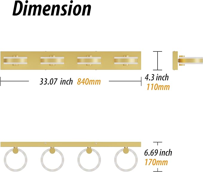 LED Bathroom Light Fixtures, 33inch Gold Vanity Lights, Modern 4 Light Acrylic Wall Sconces, 350° Rotatable Wall Lighting Fixture Over Mirror