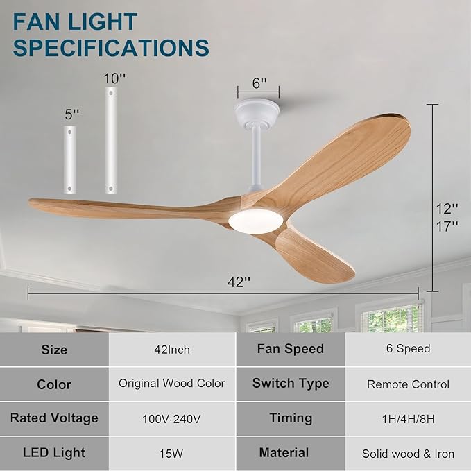 42 inch Ceiling Fans with Lights and Remote,Wood Ceiling Fan with Lights,6 Speed DC Motor Modern Ceiling Fan with Light, Indoor Outdoor for Patio,Living Room,Bedroom