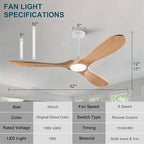 42 inch Ceiling Fans with Lights and Remote,Wood Ceiling Fan with Lights,6 Speed DC Motor Modern Ceiling Fan with Light, Indoor Outdoor for Patio,Living Room,Bedroom