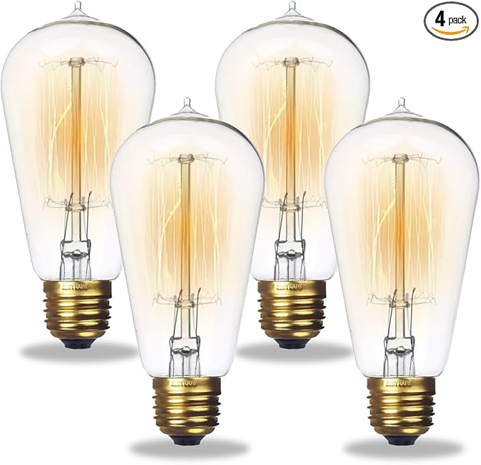 Jslinter Incandescent Light Bulbs 60 Watt Dimmable Bulbs 4 Pack, 2200K ST58 Soft Light Bulbs Warm Light, 110v E26 Eecorative Light Bulb, Vintage 230LM Edison Bulb for Bedrooms, Living Rooms