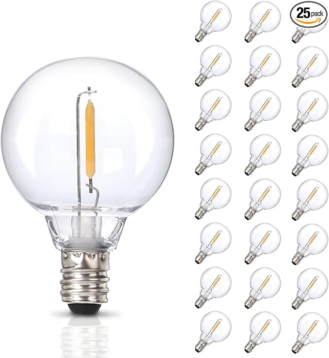 25pack G40 LED Replacement Light Bulbs E12 Screw Base Shatterproof Globe Bulbs for Outdoor String Lights 120V 0.6W Dimmable Edison Light Bulbs for Patio Decor, 2700K Warm White