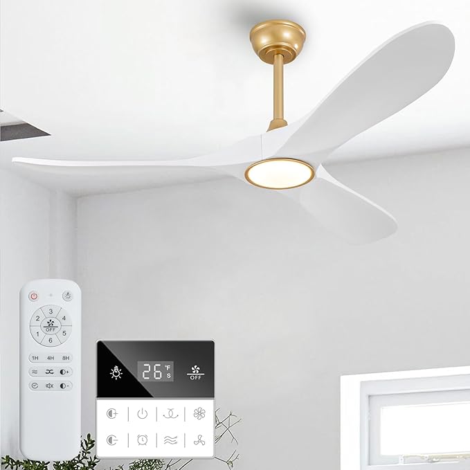 52 Inch Ceiling Fans with Lights and Remote, Dimmable 3 Blade Wood Outdoor Ceiling Fan for Patios Low Profile Modern Ceiling Fan with Light for Bedroom Living Room Indoor Gold White