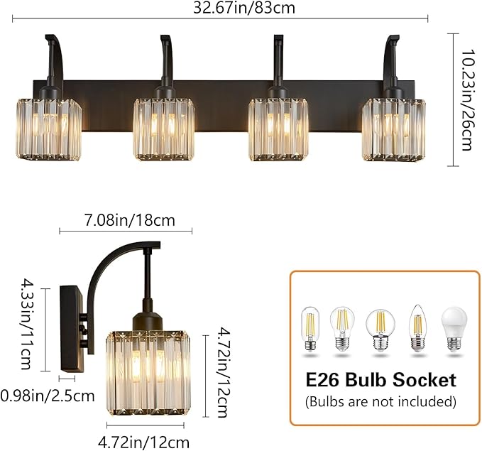 Crystal Vanity Lights 4-Light Black Bathroom Vanity Lights Modern Crystal Bathroom Light Fixtures Over Mirror 32.67" Long Vanity Light for Bathroom
