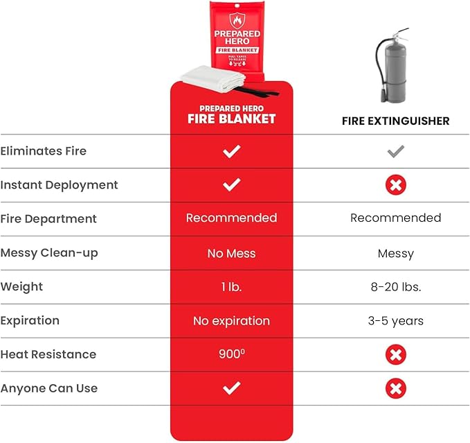 Prepared Hero Emergency Fire Blanket - 2 Pack - Fire Suppression for Kitchen, 40” x 40” Fiberglass Fire Blanket for Home