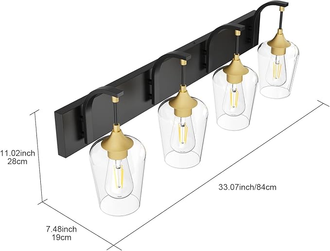 Ralbay Black/Gold Bathroom Vanity Light 4-Lights Industrial Black Vanity Lights Clear Glass Vintage Edison Wall Mount Light Fixtures for Bathroom