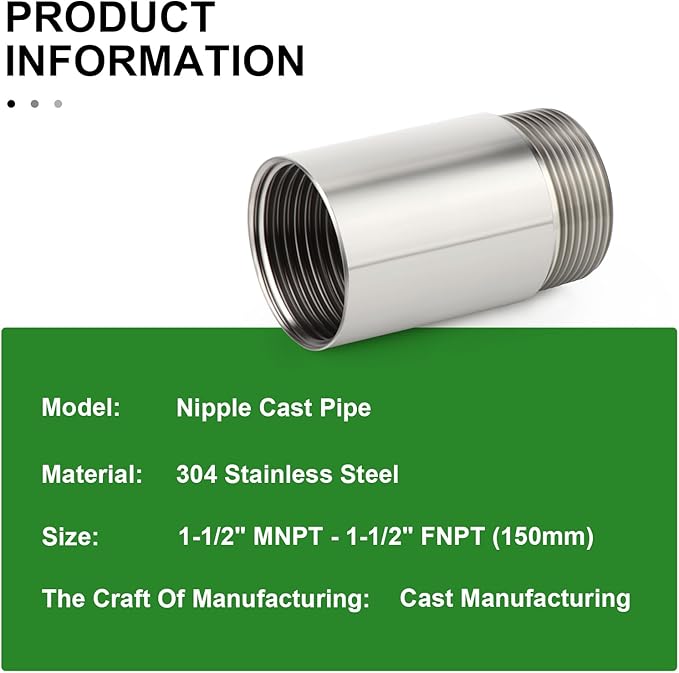 TAISHER 1PCS Stainless Steel Pipe Fittings, 1-1/2" NPT Male x 1-1/2" NPT Female Threaded, 6" Length Nipple Cast Pipe