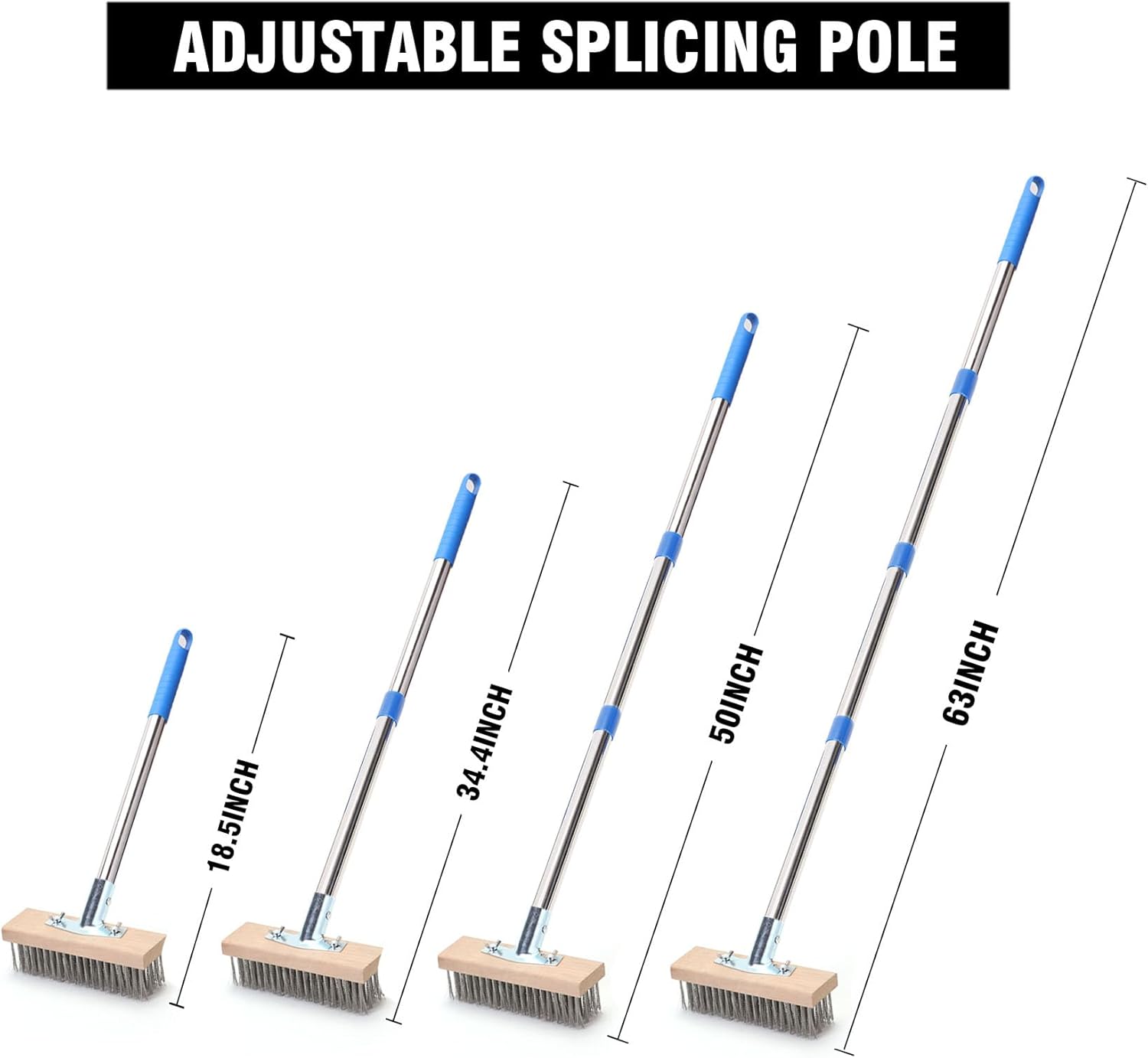 Stainless Steel Wire Scrub Brush with 63" Long Handle, 2PCS 12" Brush Heads, Heavy Duty Large Wire Brush, Stiff Metal Bristle Floor Scrubber, Patio Floor Cleaning, Wire Broom for Concrete, Deck, Moss