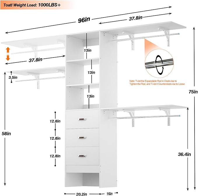 8FT Closet System, 96'' Closet Organizer System with 3 Hanging Rods, Wall Mount Bedroom Wardrobe with 3 Drawers Walk-in Closet, Adjustable Cloth Garment Rack from 5 to 8FT (Cut to Fit), White