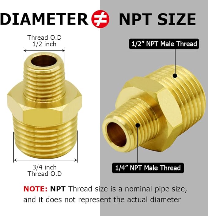 Hooshing 2PCS Brass Pipe Fittings 1/2" NPT x 1/4" NPT Male Reducing Hex Nipples Adapter for Plumbing Job