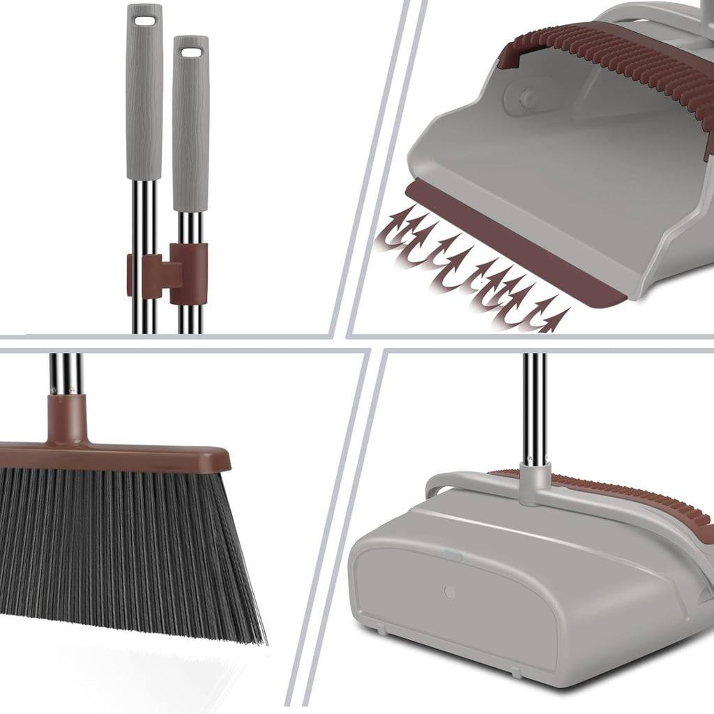 kelamayi Upgrade Broom and Dustpan Set, Self-Cleaning with Dustpan Teeth, Ideal for Dog Cat Pets Home Use, Super Long Handle Upright Stand Up Broom and Dustpan Set (Brown)