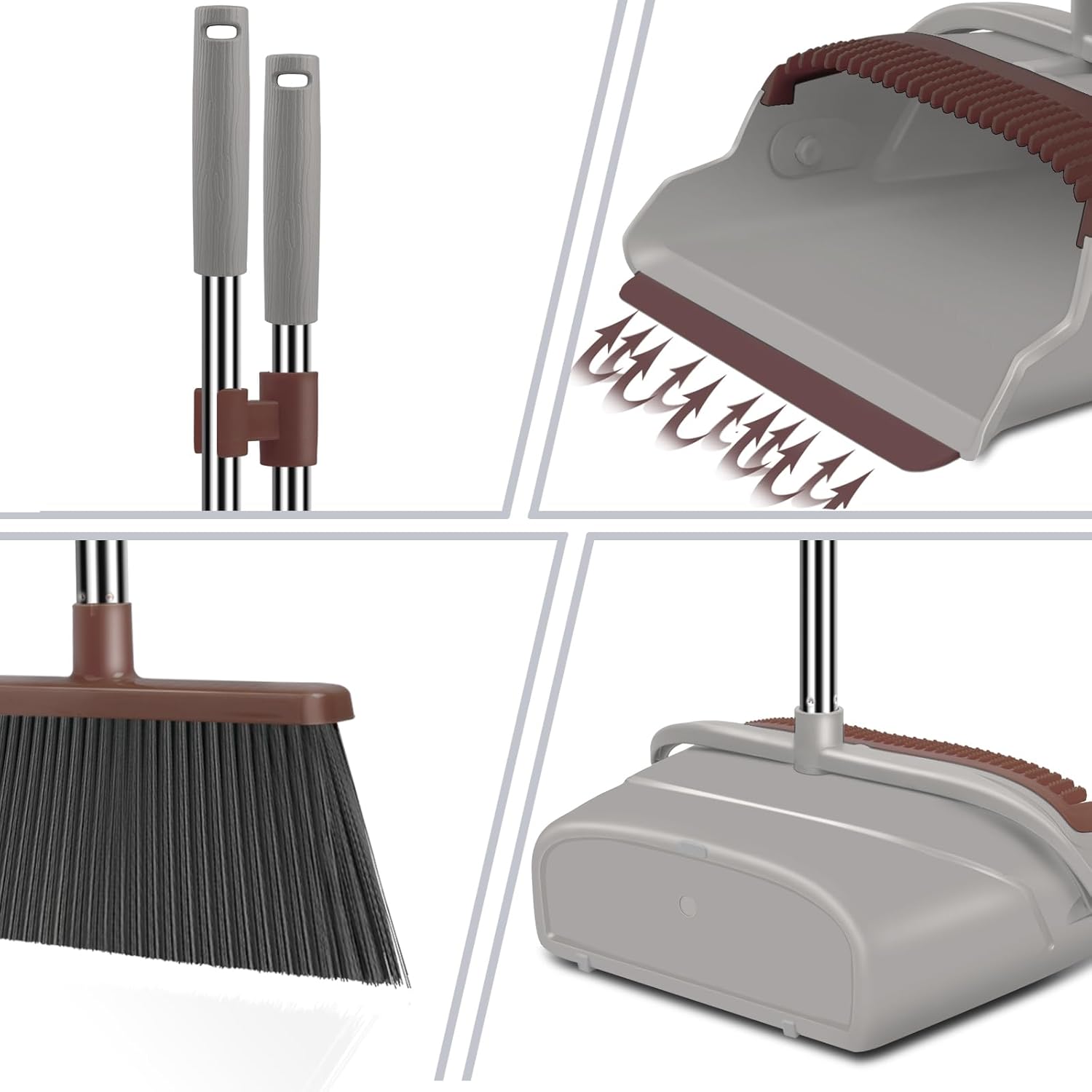 kelamayi Upgrade Broom and Dustpan Set, Self-Cleaning with Dustpan Teeth, Ideal for Dog Cat Pets Home Use, Super Long Handle Upright Stand Up Broom and Dustpan Set (Brown)