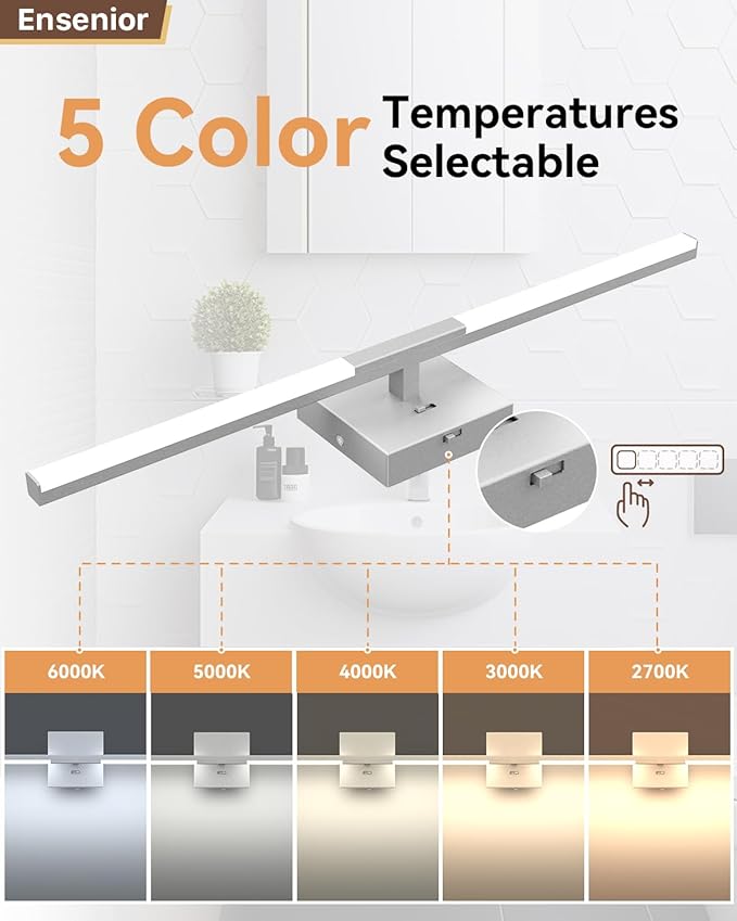 Ensenior Modern Vanity Light 24 Inch, Built-in Dimmer, 14W Dimmable 5CCT LED Light Fixture Over Mirror, Matte Grey Bar for Bathroom Mirror Cabinets Bedroom-FCC Certificated