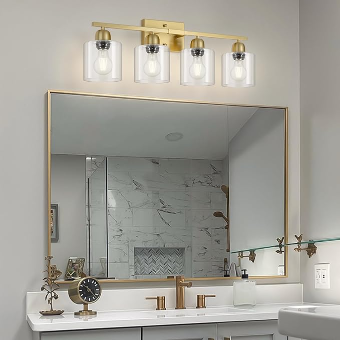Modern Brushed Gold 4 Light Bathroom Light Fixtures, 24 inch Vanity Lights for Bathroom with Clear Glass for Mirror Kitchen Living Room Hallway Cabinet Porch