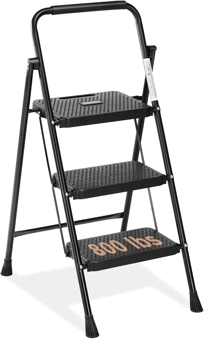 Sweetcrispy 3 Step Ladder, 800lbs Folding Step Stool with Wide Anti-Slip Pedal, Sturdy Ladder, Convenient Handrail, Lightweight, Portable Step Stool