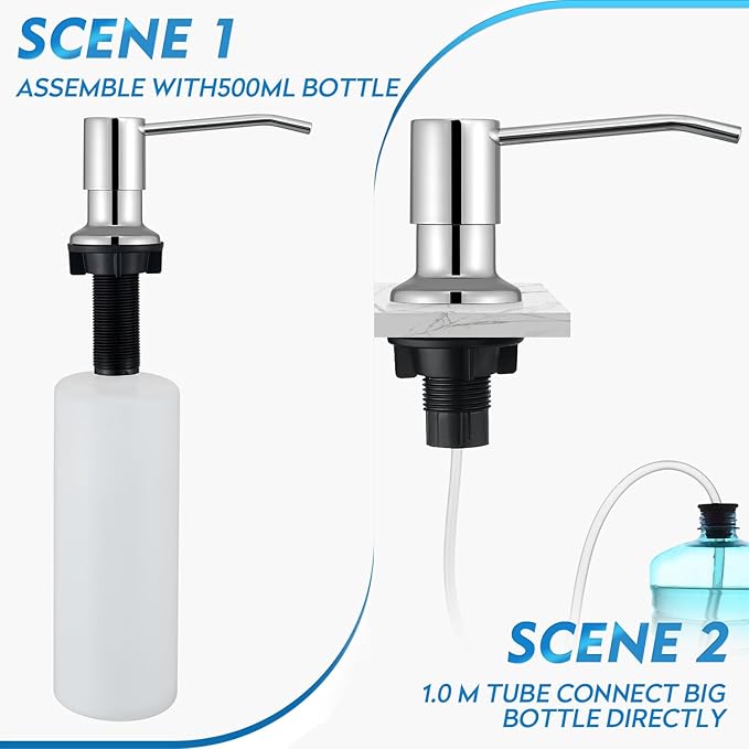CREA Chrome Built-in Soap Dispenser for Kitchen Sink,Stainless Steel Kitchen Dish Soap Dispenser Pump,in Counter Soap Dispensers Under Sink Mouted Set 39" Tube 17oz Large Bottle