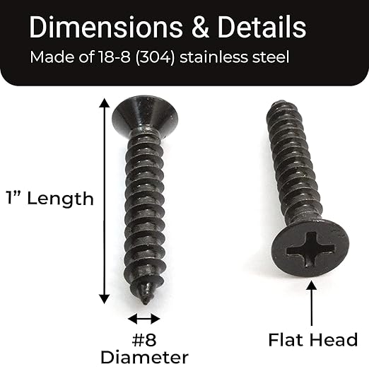 Bolt Dropper #8 x 1 Inch Wood Screws, Pack of 100 - Black Xylan Coated Stainless Steel Flat Head Phillips Screw - Corrosion Resistant for Wood, Drywall Applications, and Outdoor Use