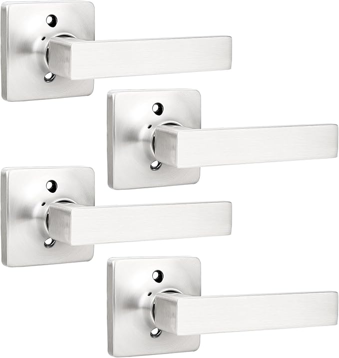 GOBEKOR 4 Pack Single Dummy Door Lever Handles - Brushed Nickel Half Dummy Door Levers Keyless Interior Closet Square Dummy Lever Handles