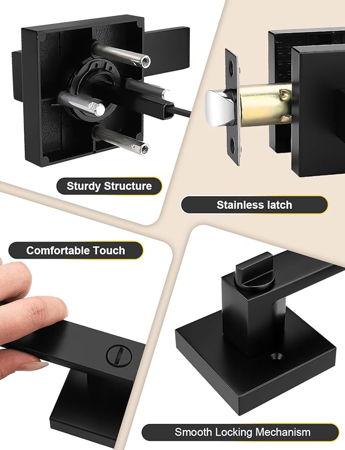 8 Pack Square Privacy Door Levers Locksets in Matte Black Finish, Bed/Bath Door Levers Keyless Interior Handles,Reversible for Left Right Handed Doors