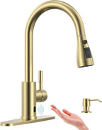 APPASO Touchless Kitchen Faucets Gold, Brushed Gold Kitchen Faucet Touchless, Touchless Kitchen Faucet with Pull-Down Sprayer and Soap Dispenser, Stainless Hands Free Faucet for Kitchen Sink 2-4 Hole