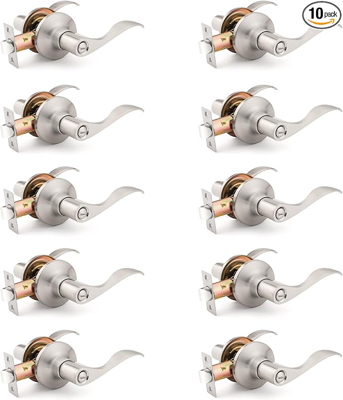 Mengico 10 Pack Satin Nickel Privacy Door Lever, Modern Interior Door Knobs Locks for Bedroom and Bathroom, Heavy Duty Door Handle, Reversible Wave Lever Handle