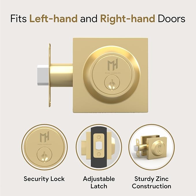 Mega Handles - Prime Deadbolt I Entry Deadbolt Lock - Heavy Duty Square Locking Deadbolt for Left or Right-Handed Doors - Interior/Exterior - Satin Brass