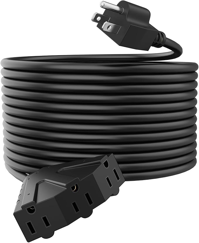 PLUGTUL 100FT Outdoor Extension Cord with Multiple Outlets, 14 Gauge, 3-Outlet, SJTW, 15A 14AWG 1875W SJTW, ETL Listed - Great for Garage, Garden and Home, Black
