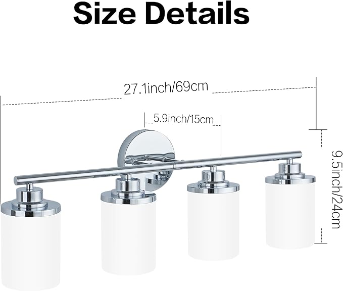 Chrome Bathroom Light Fixtures,4-Light Chrome Vanity Lights,Chrome Bathroom Lights Over Mirror,Mid-Century Modern Sconce with Frosted Glass
