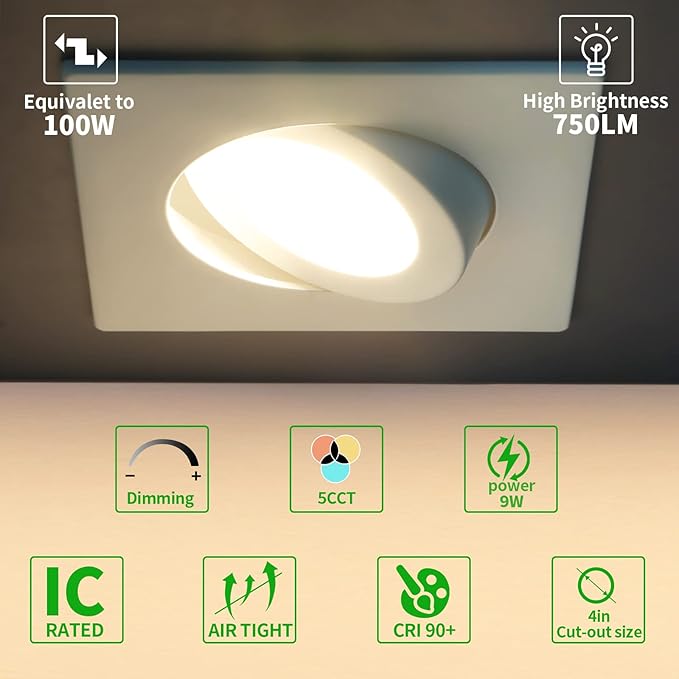 Square Recessed Lighting 4 inch 6 Pack,Canless Eyeball Recessed Lights,dimmable, 5CCT Selectable,9W 750LM