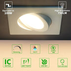 Square Recessed Lighting 4 inch 6 Pack,Canless Eyeball Recessed Lights,dimmable, 5CCT Selectable,9W 750LM