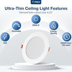 Amico 48 Pack 6 Inch 5CCT Ultra-Thin LED Recessed Ceiling Light with Metal Junction Box, 2700K-5000K Selectable, 12W Eqv 110W, Dimmable Canless Wafer Downlight with Plastic Trim, 1050 Lumens -ETL&FCC