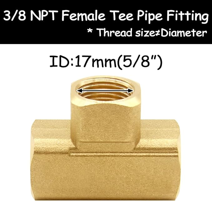 2PCS 3/8 Inch Brass Tee Pipe Fitting 3/8" NPT Female x 3/8" NPT Female x 3/8" NPT Female for Water/Oil/Gas