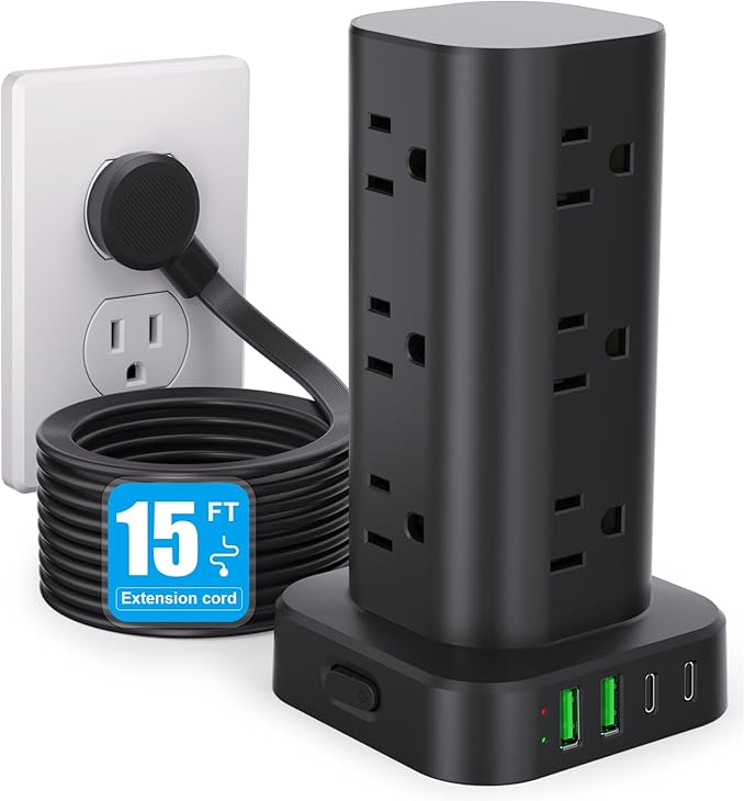 Power Strip Tower with Multiple Outlets, Flat Plug Surge Protector Tower Extension Cord with 12 AC Outlets 4 USB Ports (2 USB C), 15FT Cord Power Tower Surge Protector for Home Office Dorm Room, Black