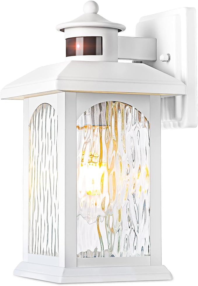 Motion Sensor Outdoor Wall Sconce, White Dusk to Dawn Motion Sensor Lighting, Smart & Waterproof Wall Lights & Exterior Light Fixture, Porch Lights with Rippled Glass for Garage House