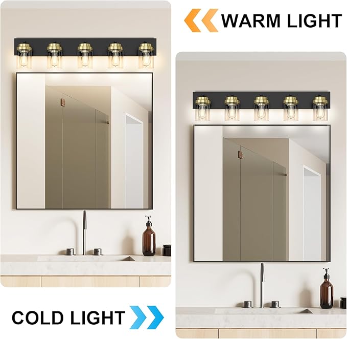 IZORRO Bathroom Vanity Light Fixture, 5-Light 36 Inch Black and Gold Bathroom Light Fixtures Over Mirror, with Clear Glass Shade, Modern Farmhouse Vanity Lights, Rustic Restroom Lighting Fixtures