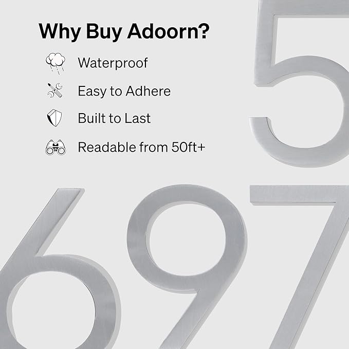 Adoorn 4 Inch Mailbox Numbers - Number 1, Silver Color, Each Sold Individually, Premium Metal Self Stick Address Numbers, Weatherproof Mailbox Numbers for Outside