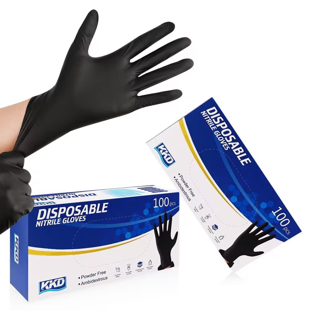 KKD Nitrile Gloves Disposable 100 Count 5.5 Mil Latex Free & Powder Free Gloves For Cooking, Cleaning, Insdustrial and Salon Use, Black, Large