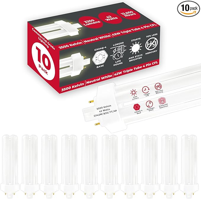 GoodBulb 42 Watt CFL Light Bulbs 4 Pin GX24Q-4 Base 3500K Neutral White 42W High Output 3200 Lumens Triple Tube Compact Fluorescent Light Bulbs Plug-in 10 Pack