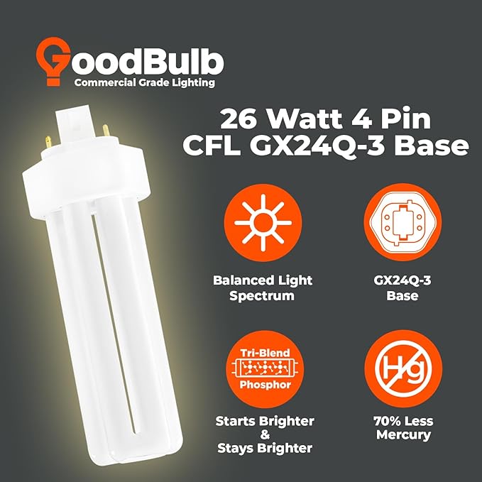 GoodBulb 26 Watt CFL Light Bulbs 4 Pin GX24Q-3 Base 3000K Warm White 26W High Output 1800 Lumens Triple Tube Compact Fluorescent Light Bulbs Plug-in 10 Pack