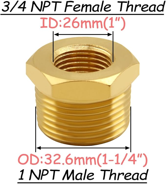 4PCS Brass Reducer Bushing, 1" NPT Male to 3/4" NPT Female Thread, Hex Reducing Convert Adapter Pipe Fitting Connector for Water/Oil/Gas