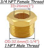 4PCS Brass Reducer Bushing, 1" NPT Male to 3/4" NPT Female Thread, Hex Reducing Convert Adapter Pipe Fitting Connector for Water/Oil/Gas