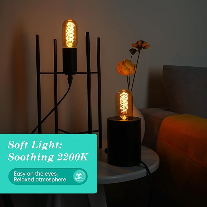 AMDTU E26 Edison Bulbs 60 Watts Equivalent, 600 Lumens LED Bulbs 7W, Ultra Filament Spiral E26 Base Edison LED Bulbs Dimmable, Warm Yellow 2200K T45 Amber Glass Tubular Light Bulbs 2 Pack