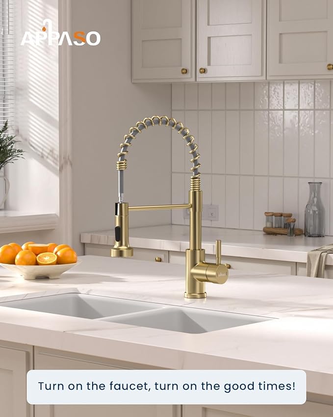 APPASO Gold Kitchen Faucet with Pull Down Sprayer, Brushed Gold Kitchen Sink Faucets 18 Inches Commercial Single Handle High Arc Faucet for Sink, Stainless Steel Kitchen Faucet for Sink 1 or 3 Holes
