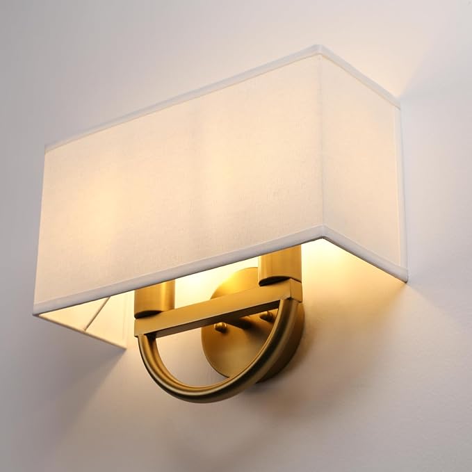 Industrial 2-Lights Wall Sconce Fixtures with White Textile Shade, Vintage Double Head Wall Light Lamps Decor for Hallway Bedroom Living Room Bathroom Corridor