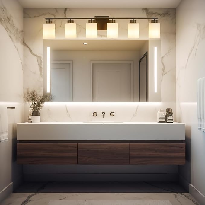 6 Light Bathroom Light Fixtures, 40 Inches Vanity Lights for Mirror, Black Vanity Lighting Fixtures with Milky White Glass Shades