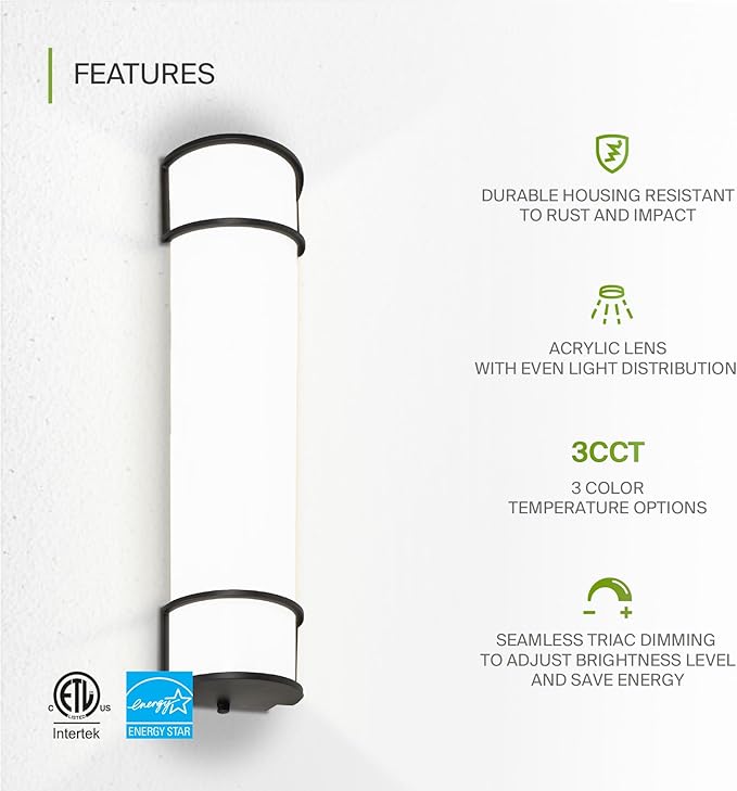 ASD LED 24" Vanity Flush Mount Light Fixture, Linear Bathroom Lighting Bar | 3CCT, Dimmable, Energy Star, ETL Listed | 25W 1950LM 3000-5000K 120V | Long Tube Bath Wall Sconce Over Mirror | Black