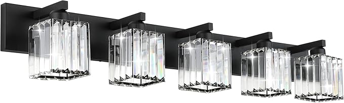 Aipsun Bathroom Vanity Light Black Light Fixtures 5 Light Crystal Vanity Light Modern Bathroom Lighting (Exclude Bulb)